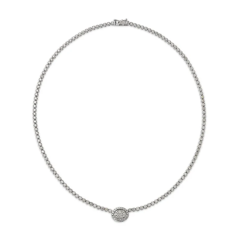 Diamond Round & Baguette Halo Tennis Necklace in 14K White Gold, 4.50 tcw