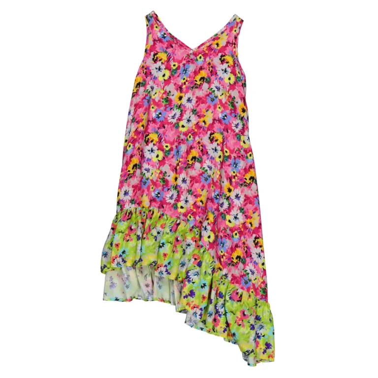 MSGM Girls Fucsia Floral Print Asymmetric Dress