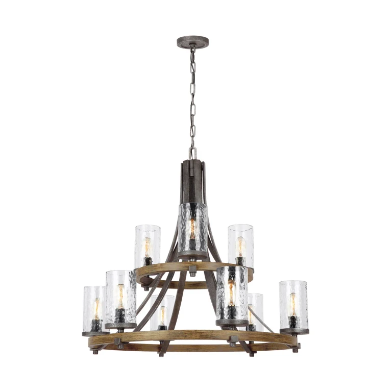 Distressed Weathered Oak Slate Grey Metal Nine Light Chandelier from the Angelo Collection