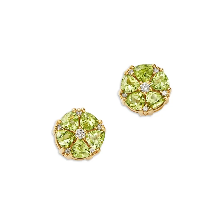 Peridot & Diamond Flower Stud Earrings in 14K Yellow Gold
