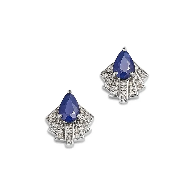Blue Sapphire & Diamond Pear Stud Earrings in 14K White Gold