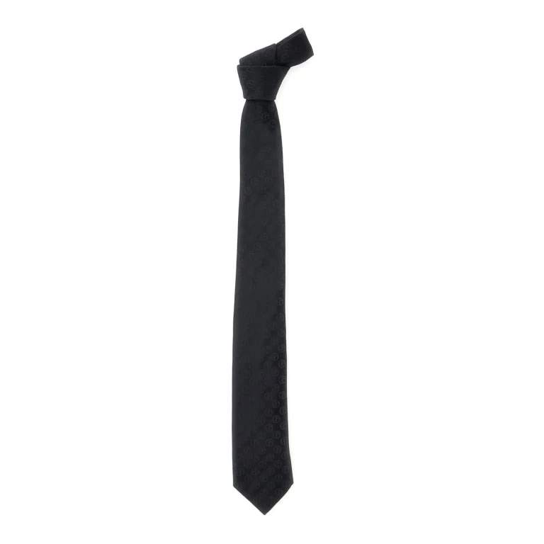 Giorgio Armani Black Tie With Tone-on-tone All-over Logo In Silk Man