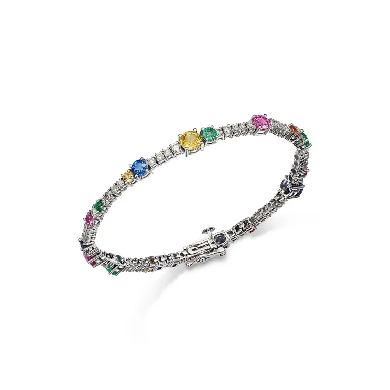 Ruby, Emerald & Rainbow Sapphire Tennis Bracelet in 14K White Gold