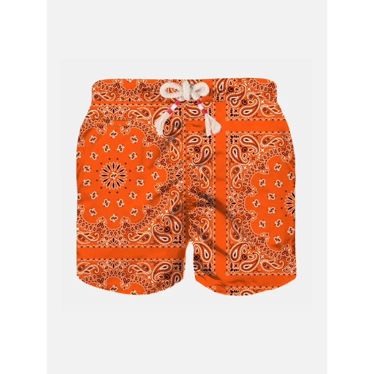Mc2 Saint Barth Boy Swim Shorts With Orange Bandanna Print Swimshort