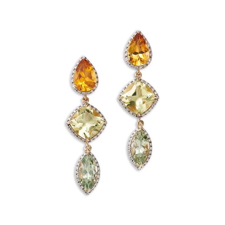 Mixed Cut Multi Gemstone & Diamond Drop Earrings in 14K Yellow Gold