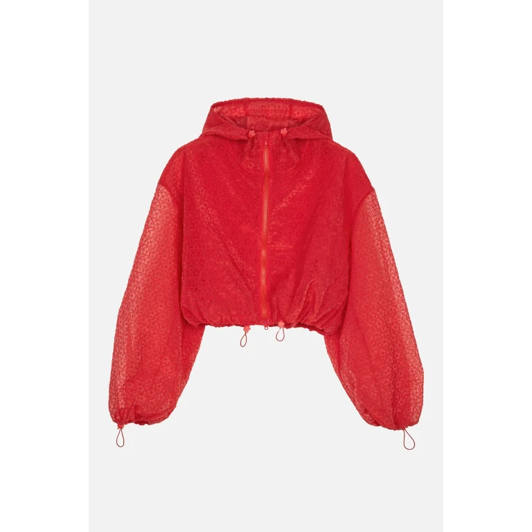 Cropped Bomber Jacket in Cotton Blend with Hood and Floral Print (26RTW14004RED)