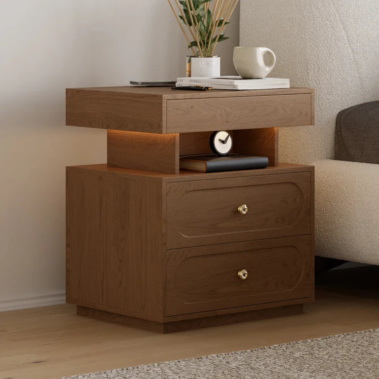 Modern Smart Nightstand with Light 2 Drawer Bedside Table with Charging Station
