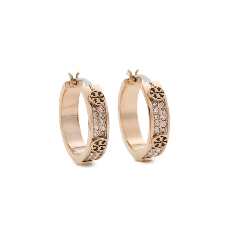 Tory Burch Small Icon Pave Hoop Earrings Rose Gold/Pink One Size