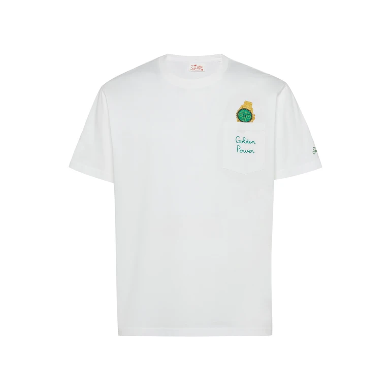 Mc2 Saint Barth Cotton T-Shirt Austin With Embroidery And Watch Print White - Men