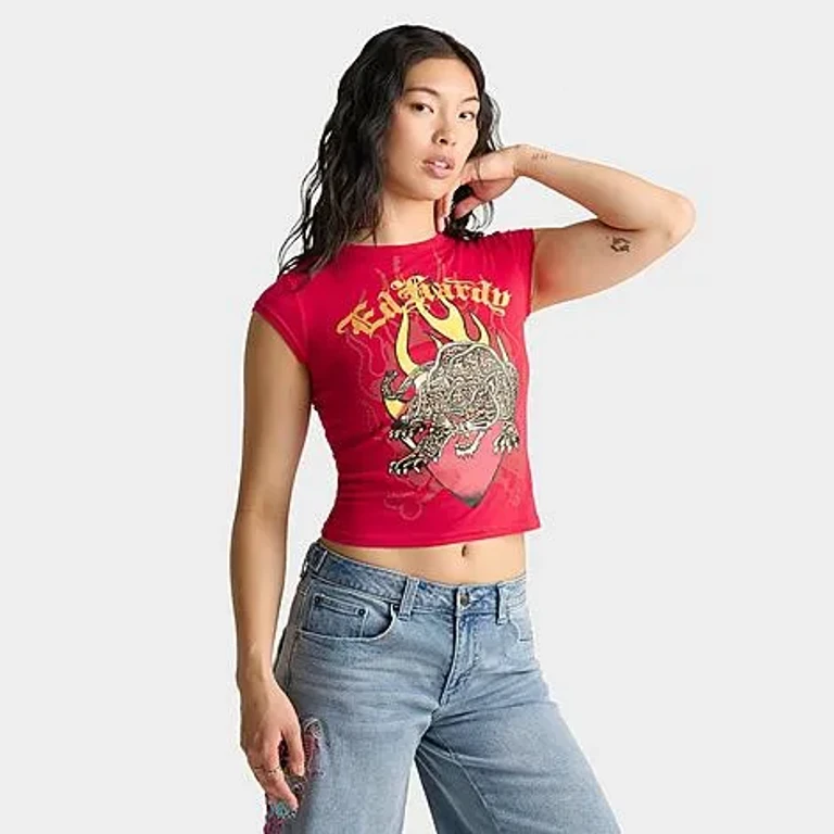 Ed Hardy Women's Leopard Panther Cap Sleeve Baby T-Shirt in Cherry Size: Small