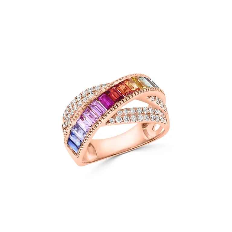 Rainbow Sapphire & Diamond Crossover Ring in 14K Rose Gold