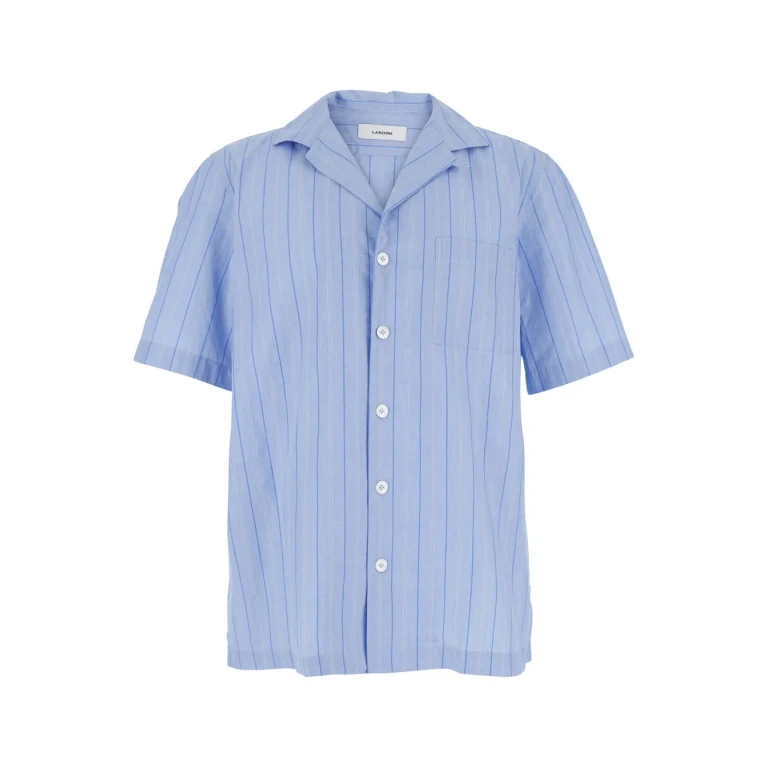 Lardini Blue Shirt With All-over Striped Motif And Cuban Collar In Cotton Man