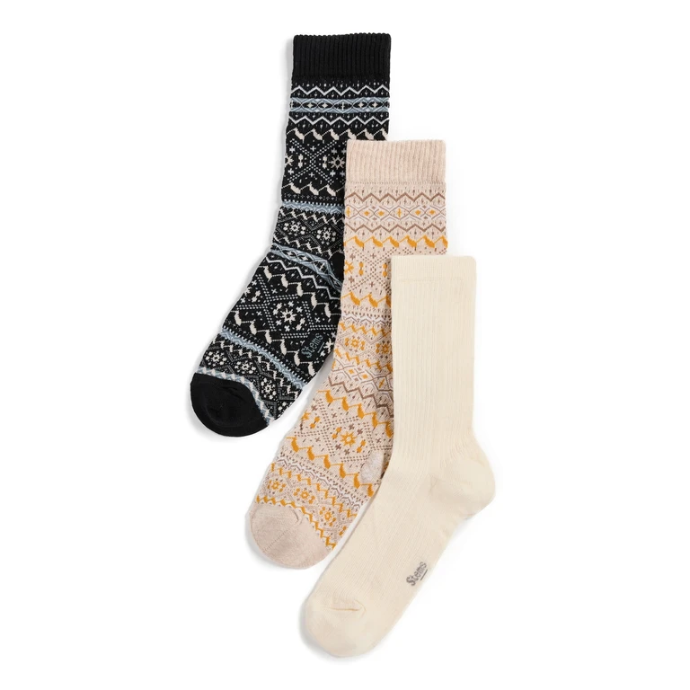 Stems Snowflake Cashmere Socks Gift Box of Three Camel/Black/Ivory One Size