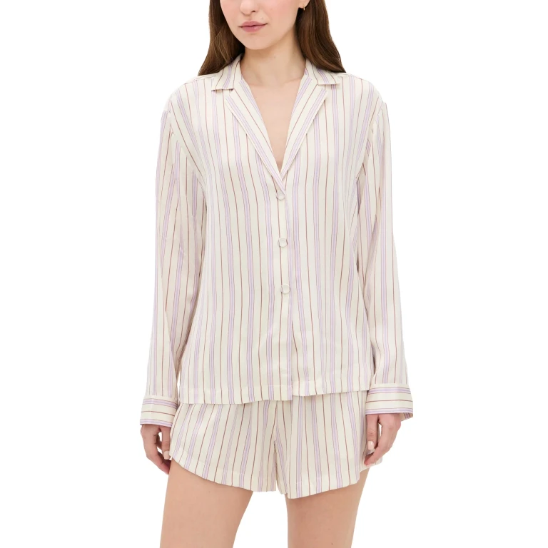 Lunya Washable Silk Button Up Short Set Wisteria Stripe M
