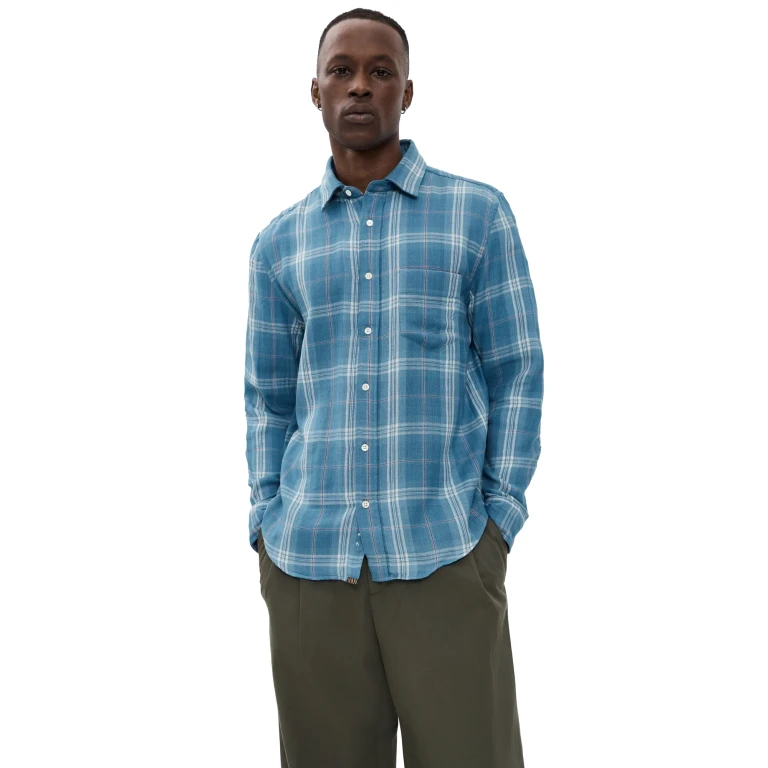 Billy Reid Double Face Plaid Cypress Shirt Washed Indigo M