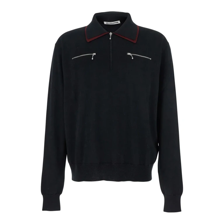 Jil Sander Black Sweater With Classic Collar And Front Zip Pockets In Wool Man