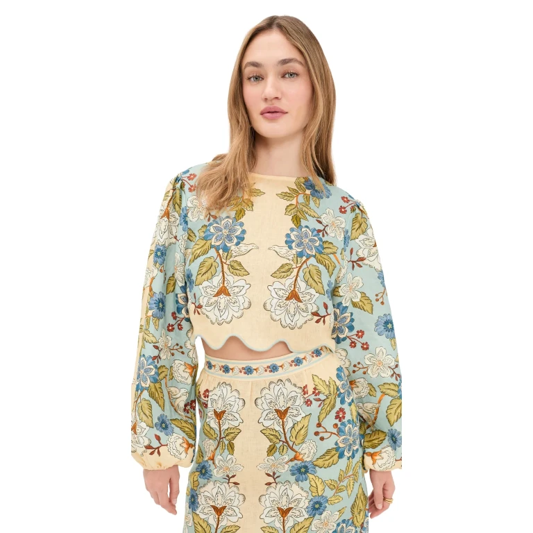 FARM Rio Garden Scarf Blue Long Sleeve Blouse Garden Scarf Blue M