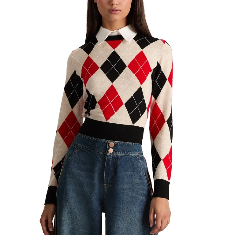 Alice and Olivia Carolann Collared Cropped Argyle Sweater
