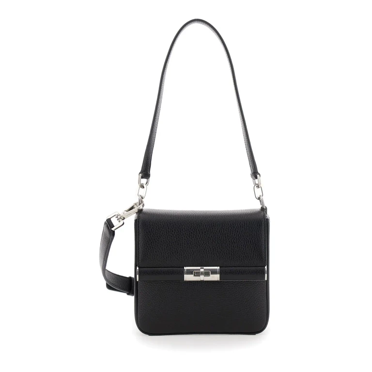 marlene Black Shoulder Bag With Twist Closure And Logo On The Back In Hammered Leather Man
