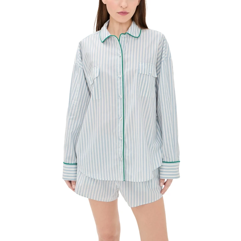Lunya Airy Cotton Piped Button Down Pajama Top Stillwater Stripe/Spring L
