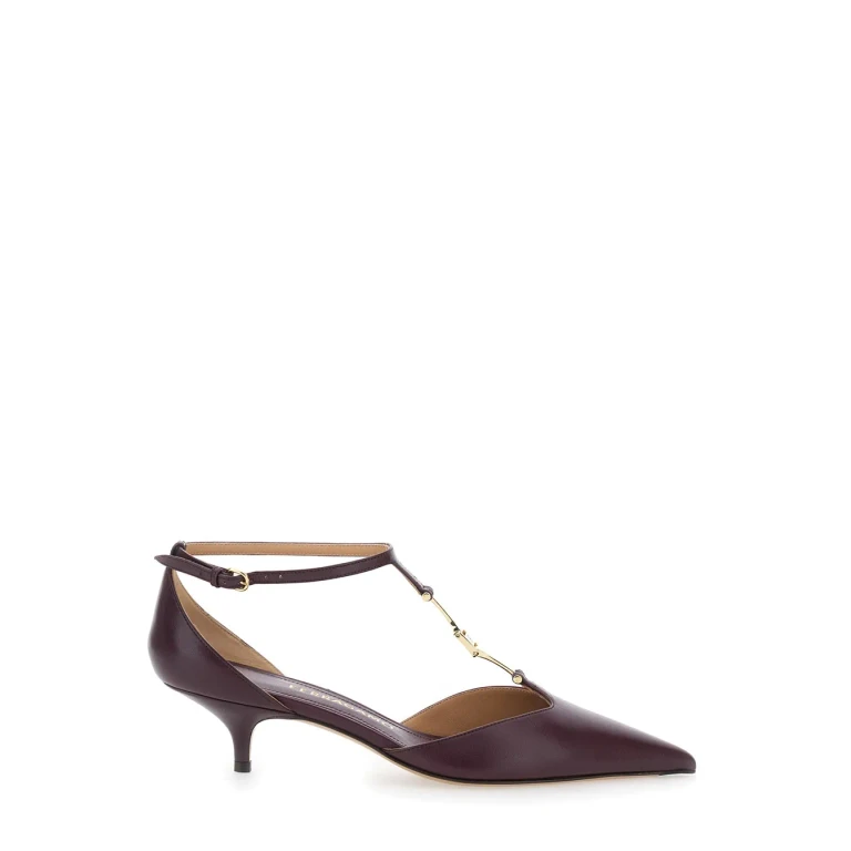 Ferragamo Bordeaux Pumps With T Strap And Low Heel In Leather Woman