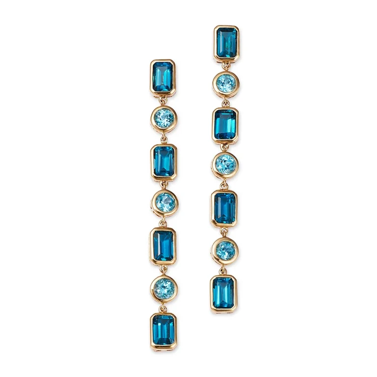 Blue Topaz Linear Drop Earrings in 14K Yellow Gold