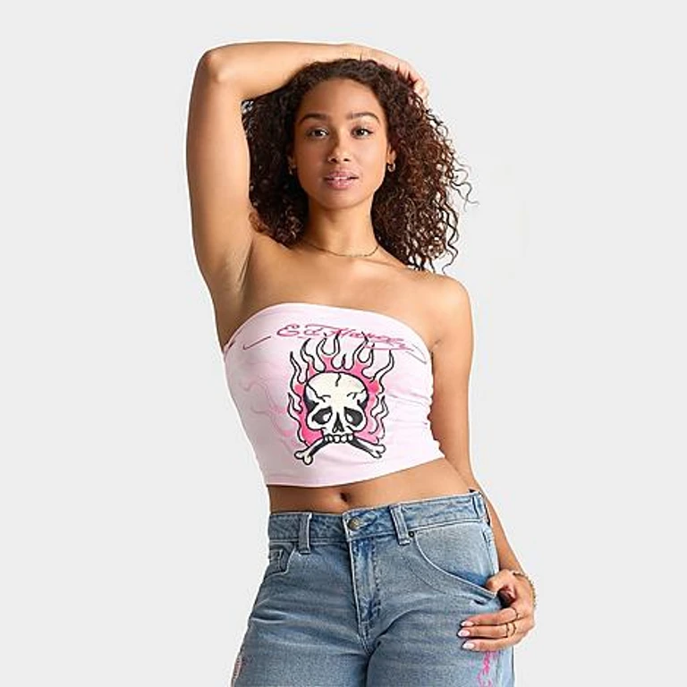 Ed Hardy Women's Flaming Skull Tube Top in Pink Ballerina Size: XS