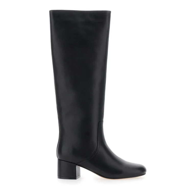 TwinSet Black Knee High Boots With Round Toe In Leather Woman