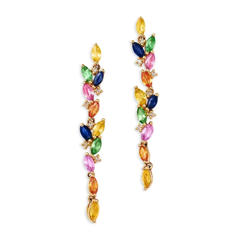 Rainbow Sapphire, Tsavorite & Diamond Linear Drop Earrings in 14K Yellow Gold