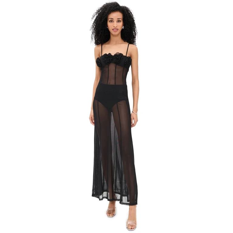 Runaway the Label Sheer Flower Trim Maxi Dress Black XL