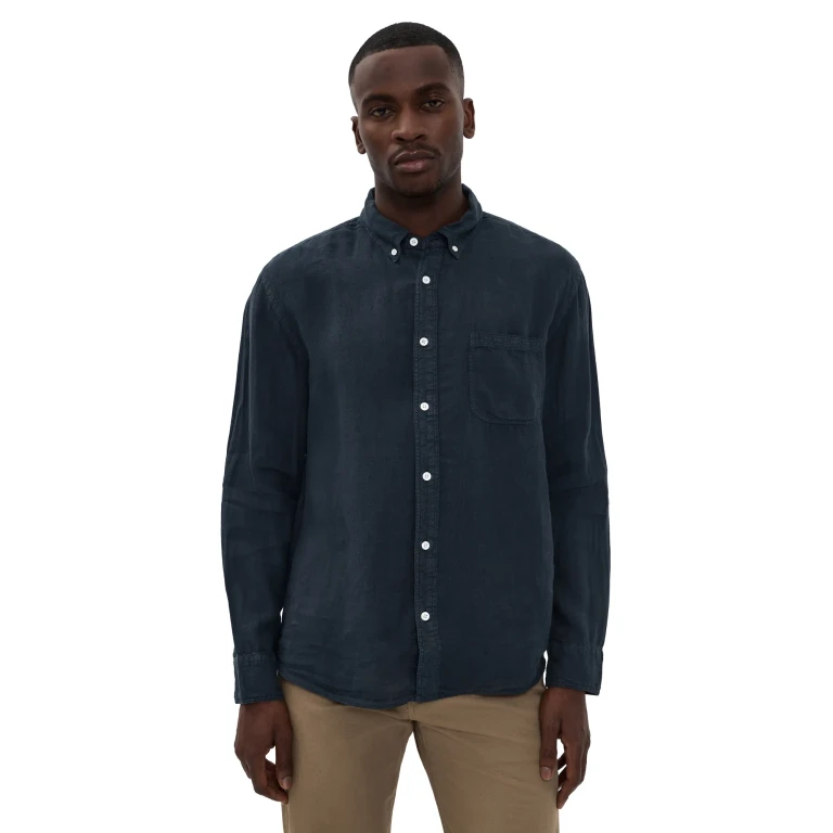 Billy Reid Tuscumbia Linen Button Down Shirt Carbon Blue XXL