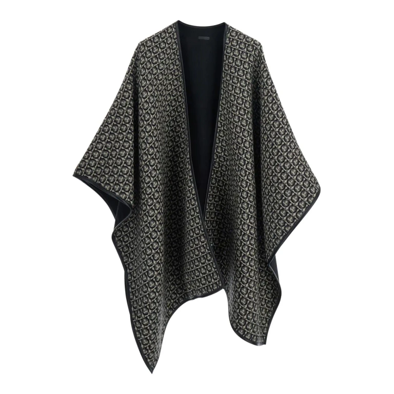 Ferragamo Black Reversible Cape With All-over Ganicini Motif In Wool Woman