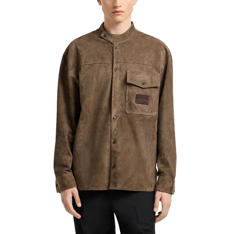 Emporio Armani Asymmetric Mandarin Collar Regular Fit Leather Shirt