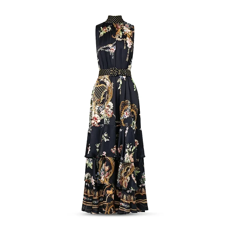 Camilla Silk High Neck Tiered Ruffle Dress