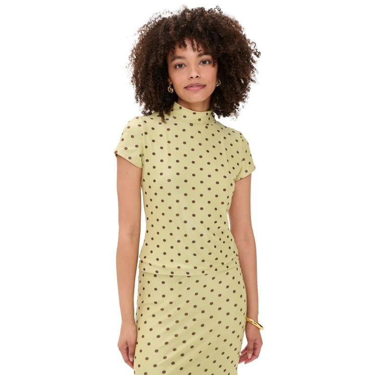 Another Girl Polka Dot Mesh High Neck Top Blue/Brown L