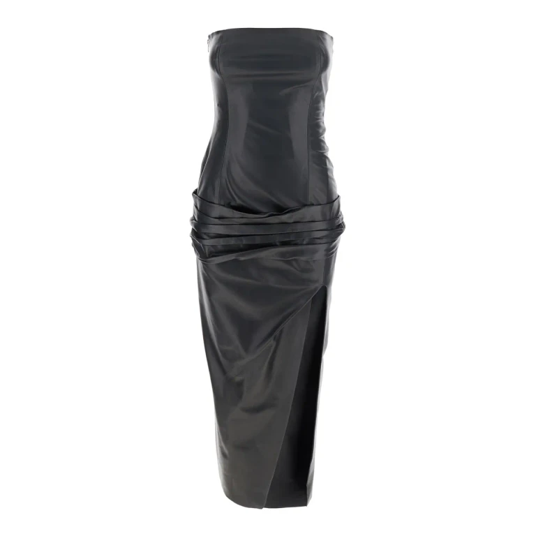 The Attico Black Sleeveless Off-shoulder Midi Dress With Front Single Slit And Ruched Waist In Leather Woman