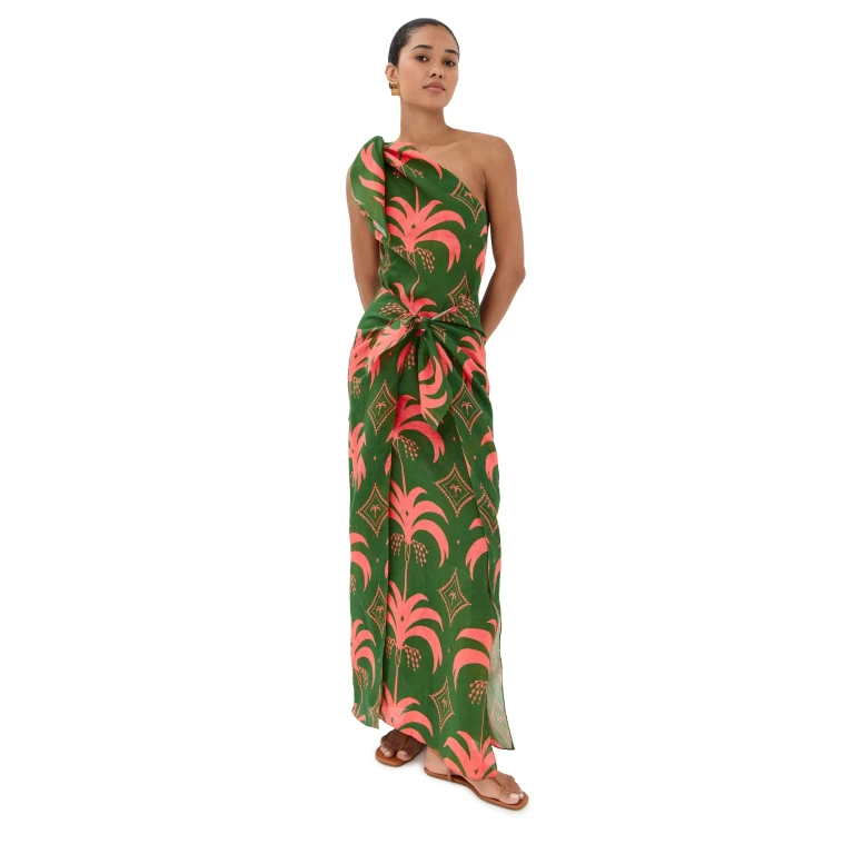 Johanna Ortiz Linen Seaweed Ankle Dress Green/Peach 4