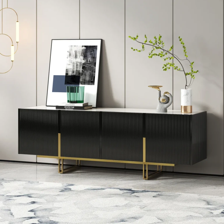 Grovyn Minimalist 87" Off White TV Stand Stone Top Media Console 4 Doors 6 Shelves