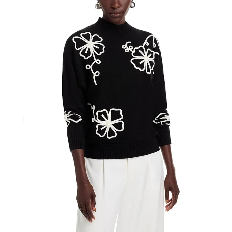 T Tahari Long Dolman Sleeve Mock Neck Flower Embroidery Sweater