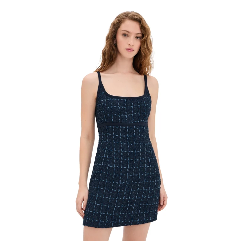 endless rose Knit Trimmed Tweed Mini Dress Navy S