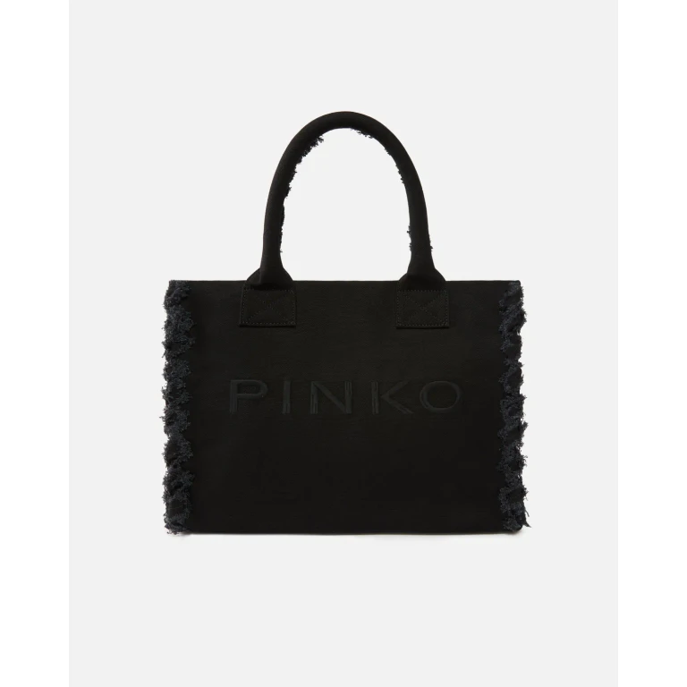 Pinko - Cabas moyen Beach en canvas à logo et franges