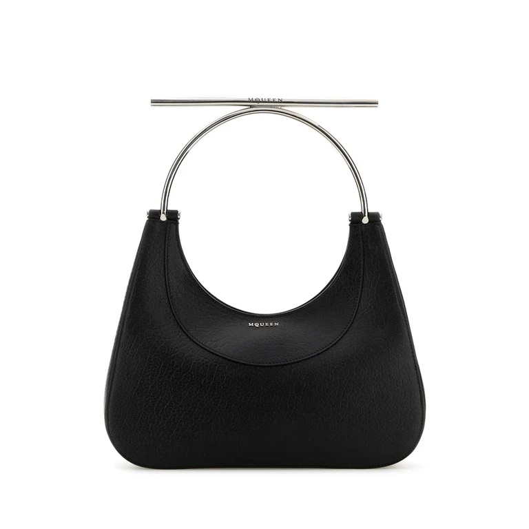 Alexander McQueen Black Leather Cross-Bar Handbag Blacksilver Borse A Mano - Women