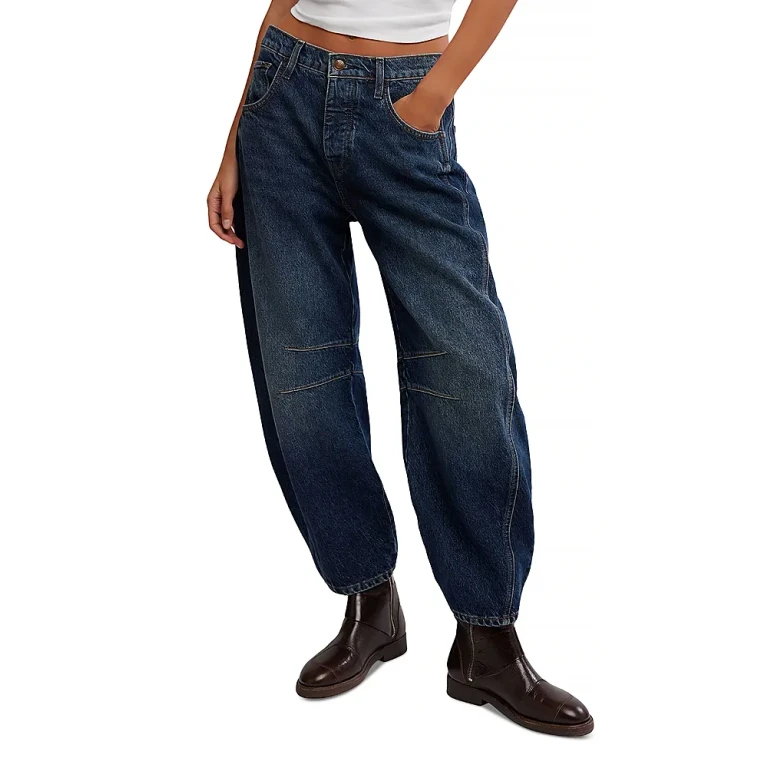 Free People We The Free Good Luck Mid Rise Barrel Jeans in Deep End