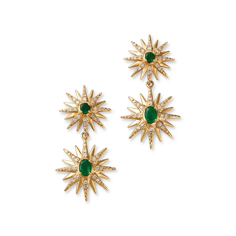 Emerald & Diamond Starburst Drop Earrings in 14K Yellow Gold