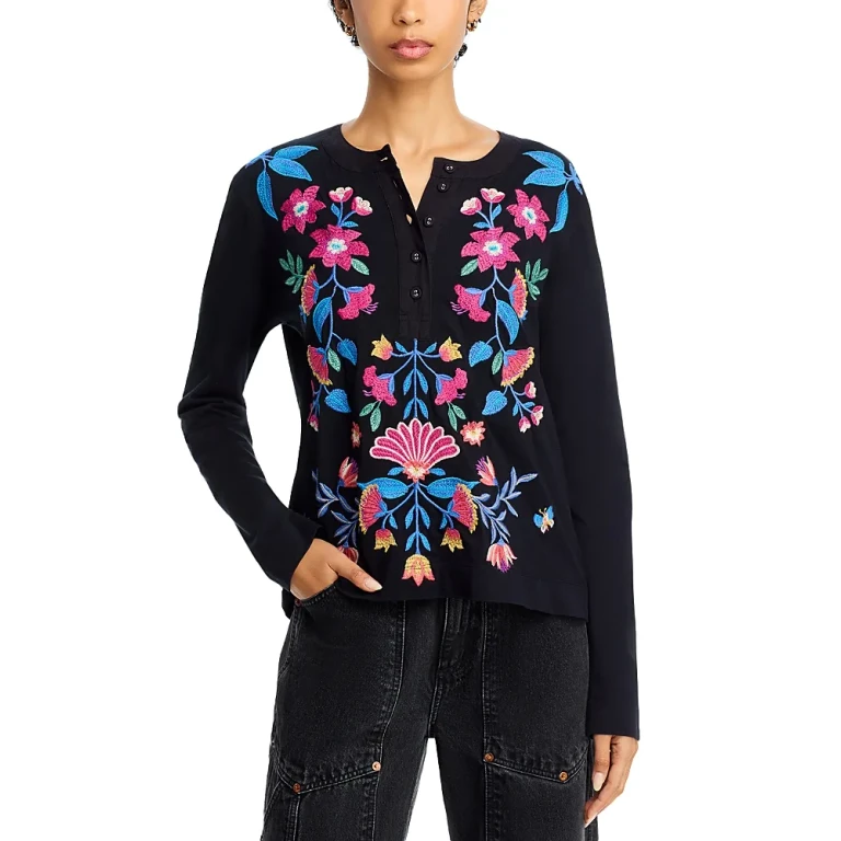 Johnny Was Embroidered Henley Top