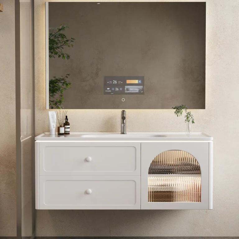 47.2" Modern Floating LED Bathroom Vanity with Ribbed Glass Door & Drawers