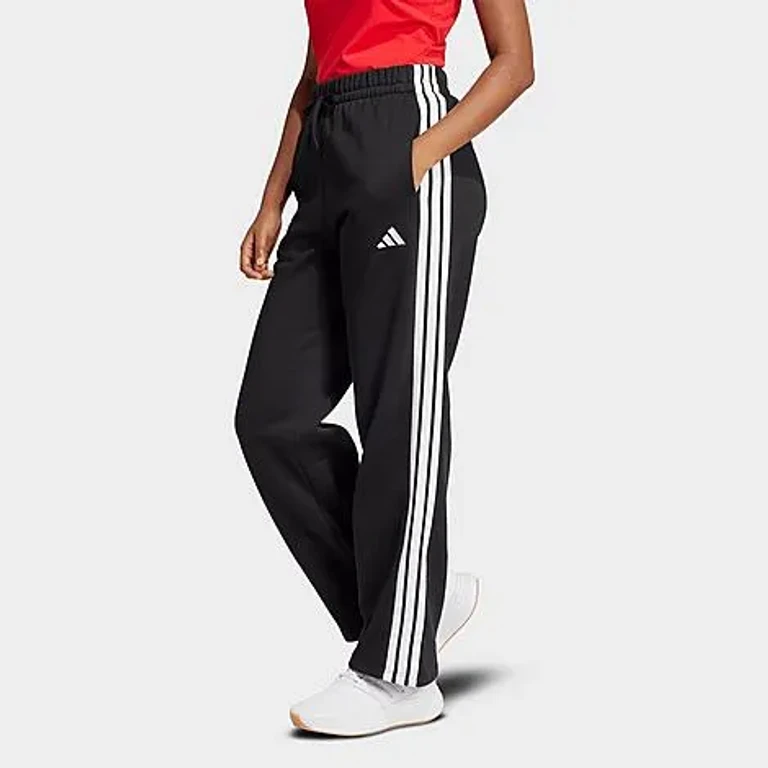 adidas Women's Essentials 3-Stripes Fleece Open Hem Pants in Black/White Size: XXS