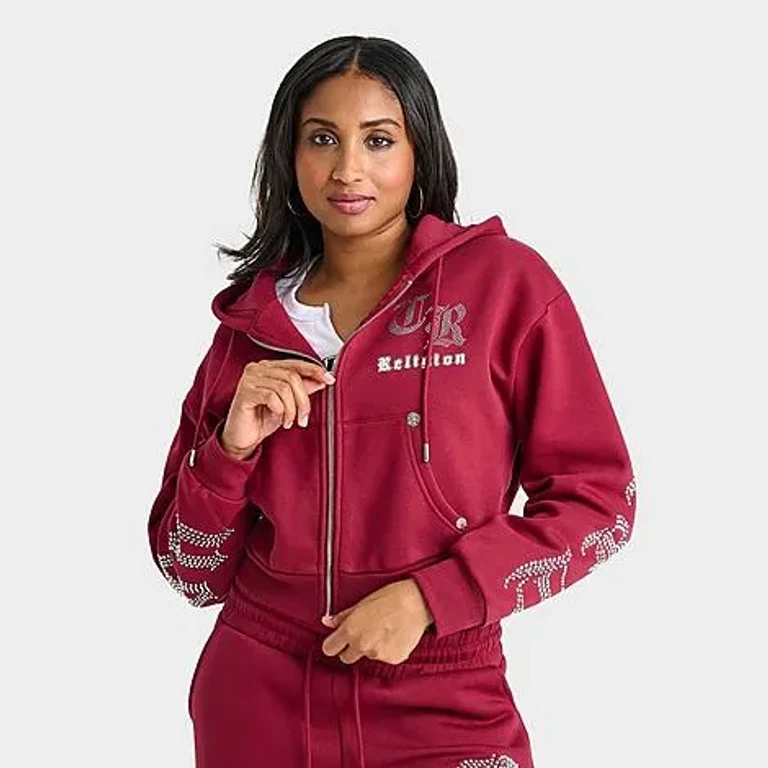 True Religion Women's Crystal Script Logo Shrunken Full-Zip Cropped Hoodie in Rhubarb Size: XS