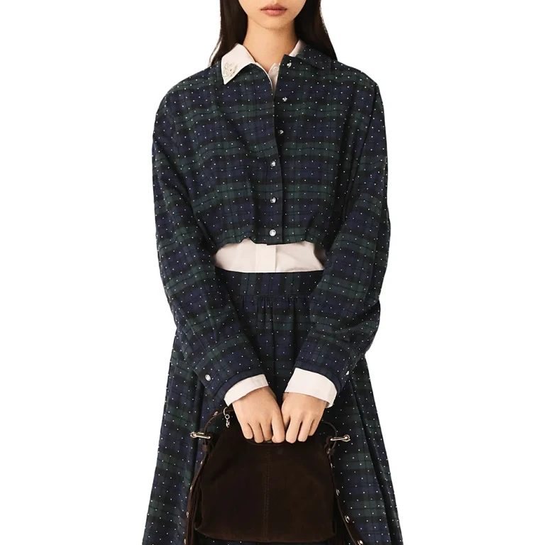 Maje Check Rhinestone Cropped Shirt