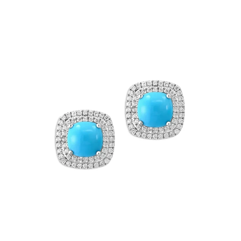 Turquoise & Diamond Halo Stud Earrings in 14K White Gold